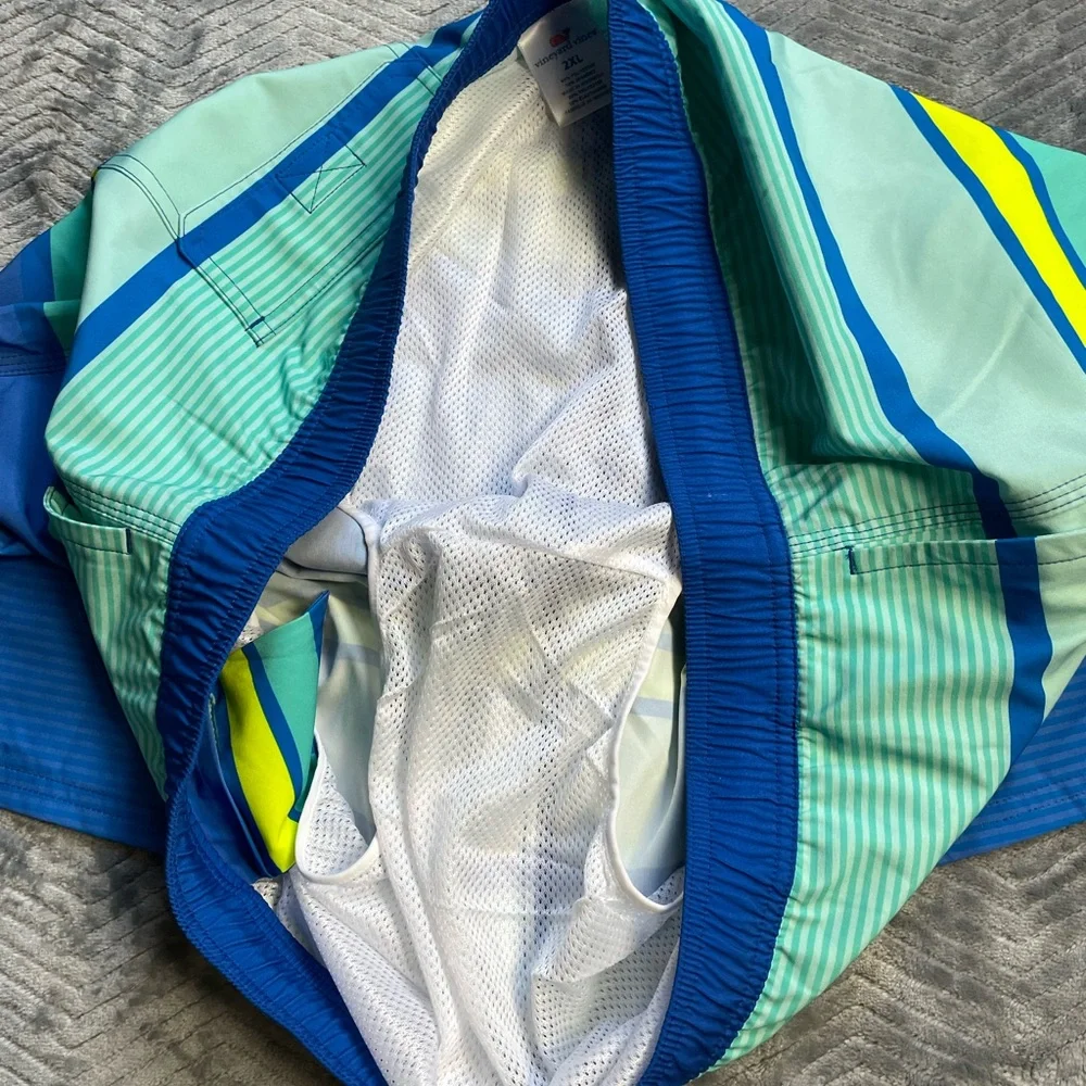 Vineyard Vines Printed Stripe Chappy Swim Trunks Blue Green Yellow 2XL